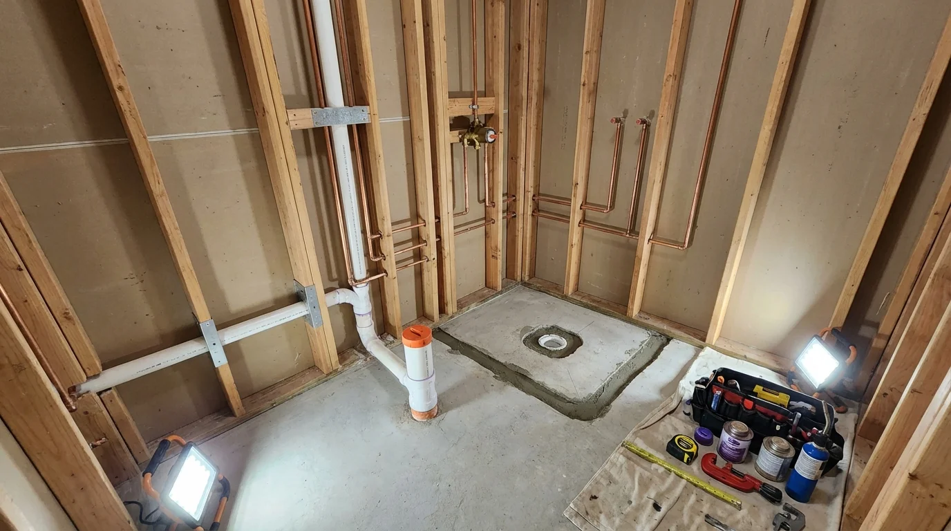 Bathroom rough-in plumbing during remodel by Johns Plumbing LLC in Worcester