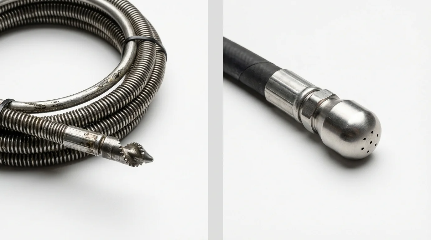 Drain snake cable and hydro jetting nozzle used for drain cleaning in Worcester, MA