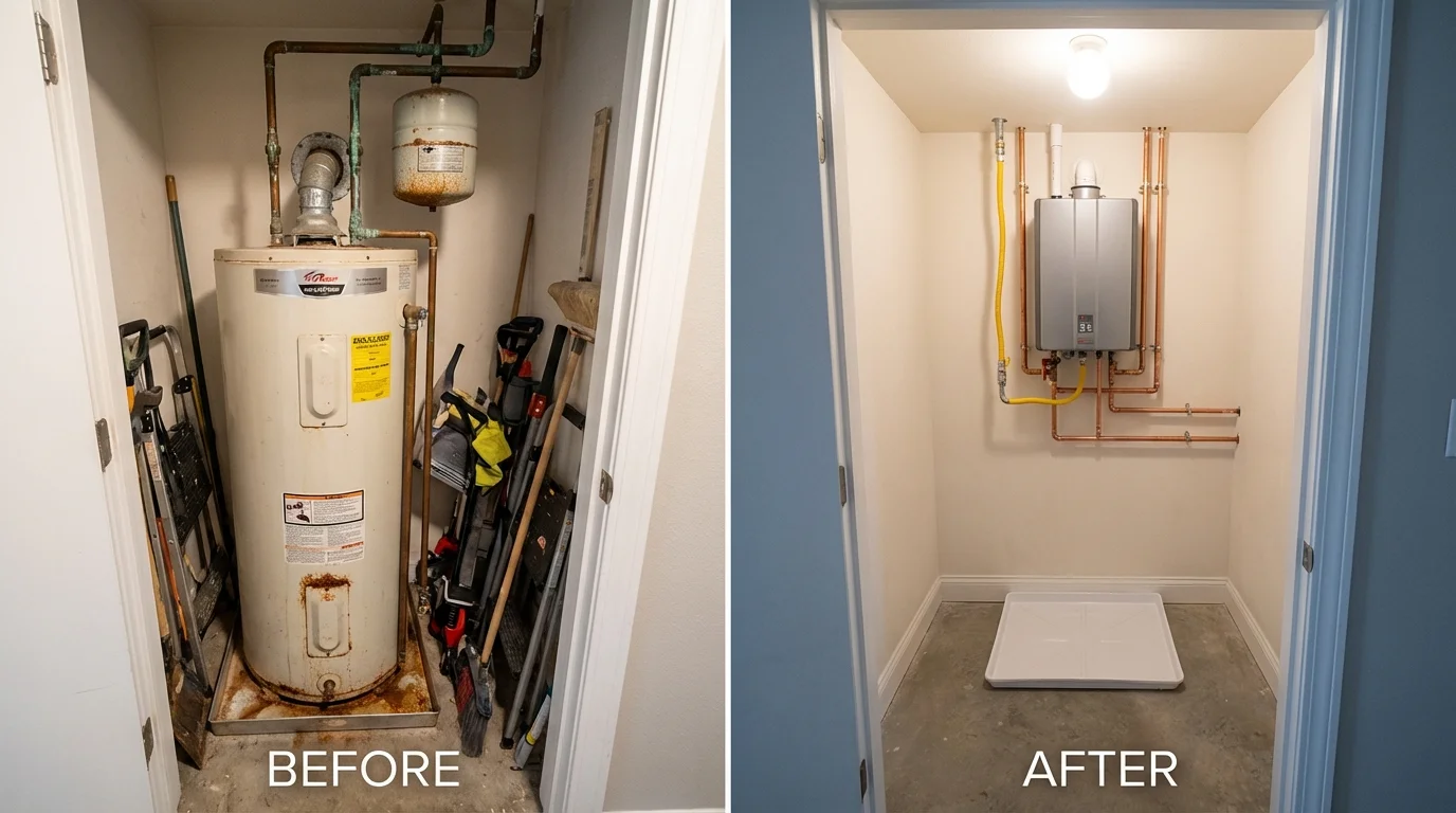 Tank water heater versus wall-mounted tankless unit comparison for Worcester, MA homeowners
