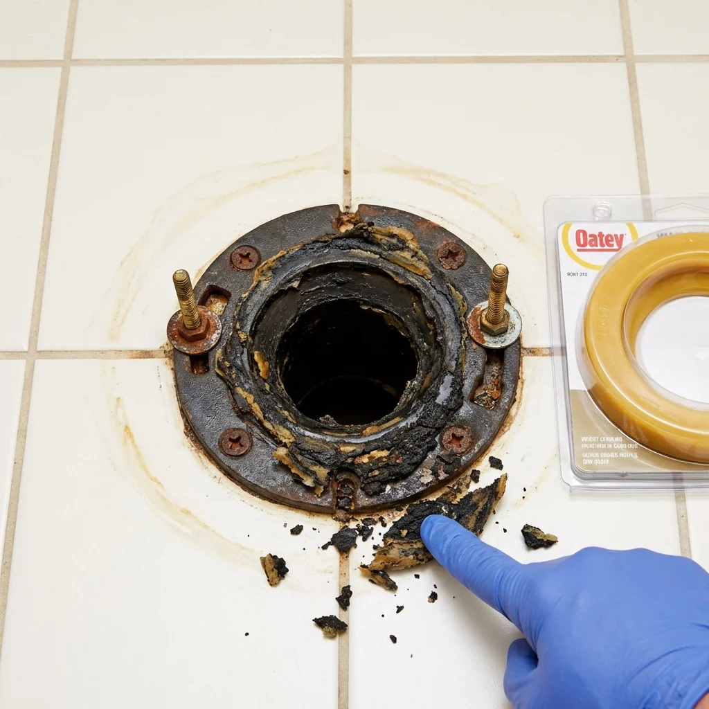 Failed wax ring showing water seepage at the base of a toilet in a Worcester, MA home