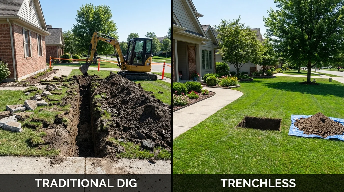 Trenchless sewer repair with minimal yard damage versus traditional excavation in Worcester, MA