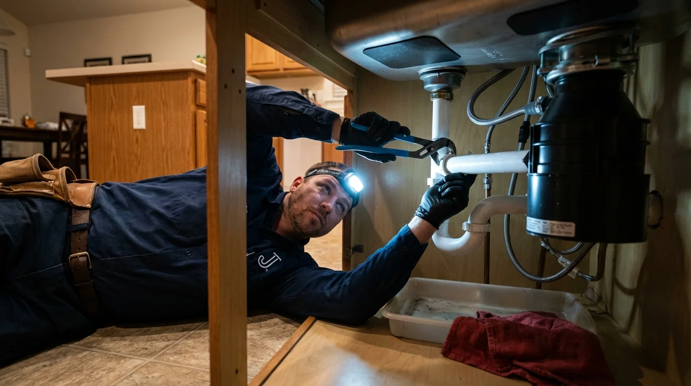 P-trap and supply line connections under a kitchen sink showing a common leak point in Worcester, MA